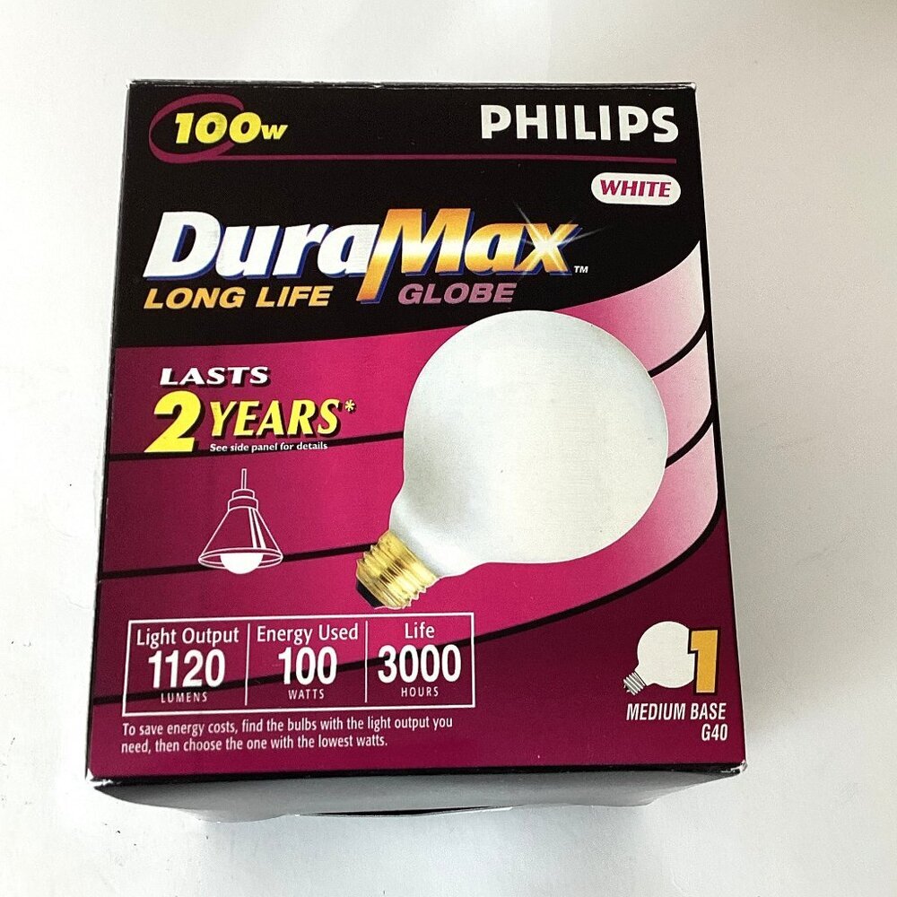 1 Philips Dura Max Globe Light Medium Base G40 White Bulb 100W Household